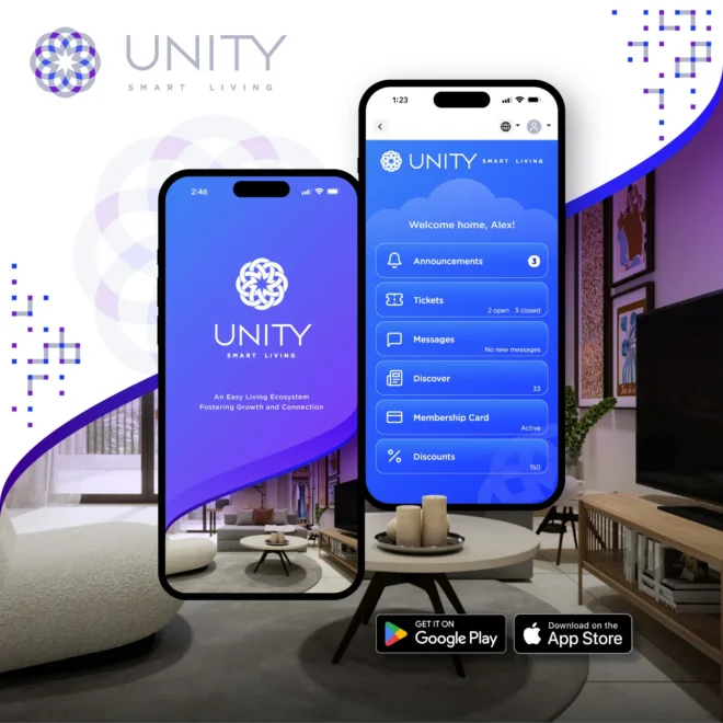 Mobile app user interface design for UNITY Smart Living based on a custom branding and visual identity system created by Plus Gravity