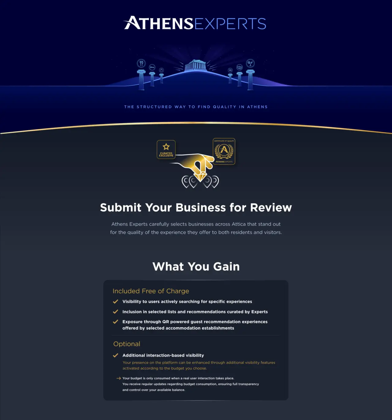 Athens Experts destination discovery platform with curated recommendations, expert guides, smart filters and hospitality guest experience tools